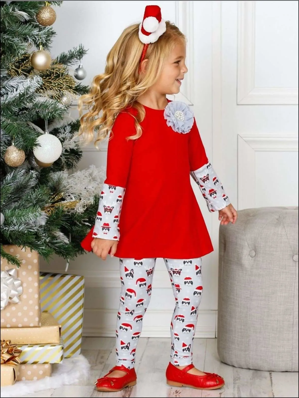 Girls Long Sleeve Cuffed Tunic And Matching Printed Legging Set