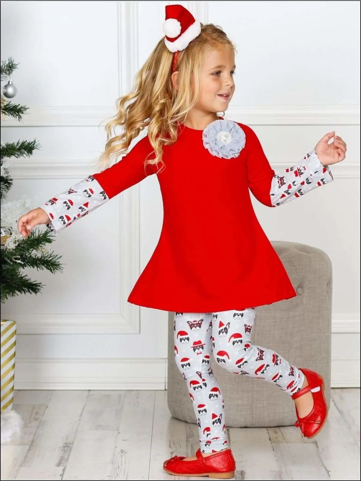 Girls Long Sleeve Cuffed Tunic And Matching Printed Legging Set