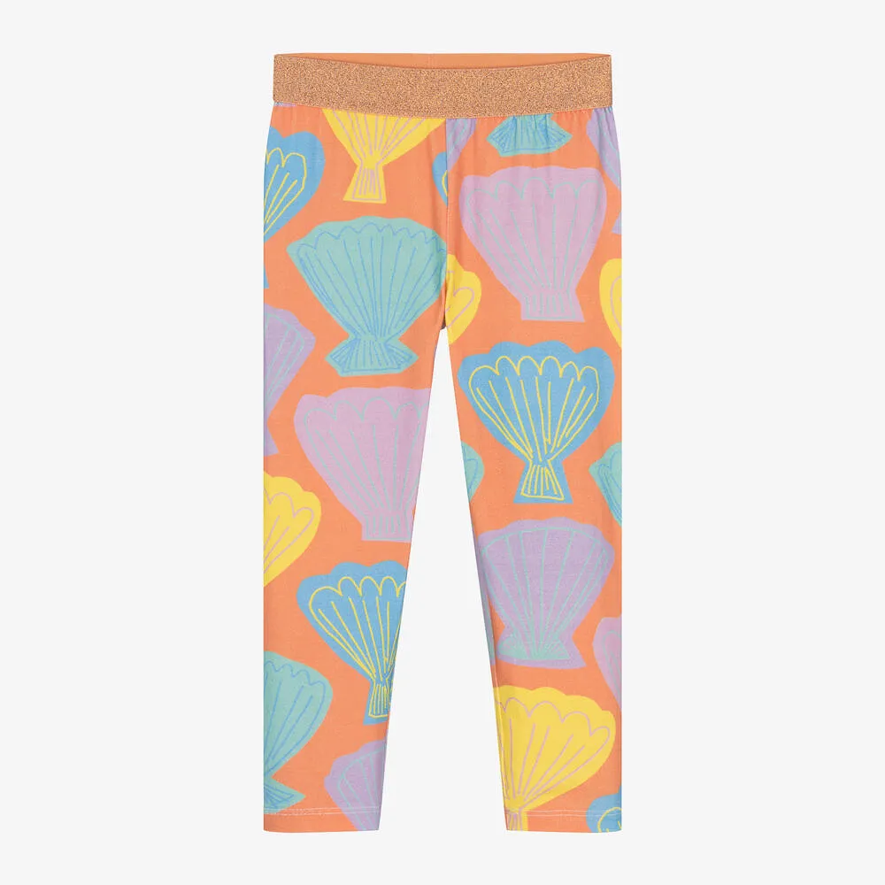 Girls Orange Shell Print Leggings