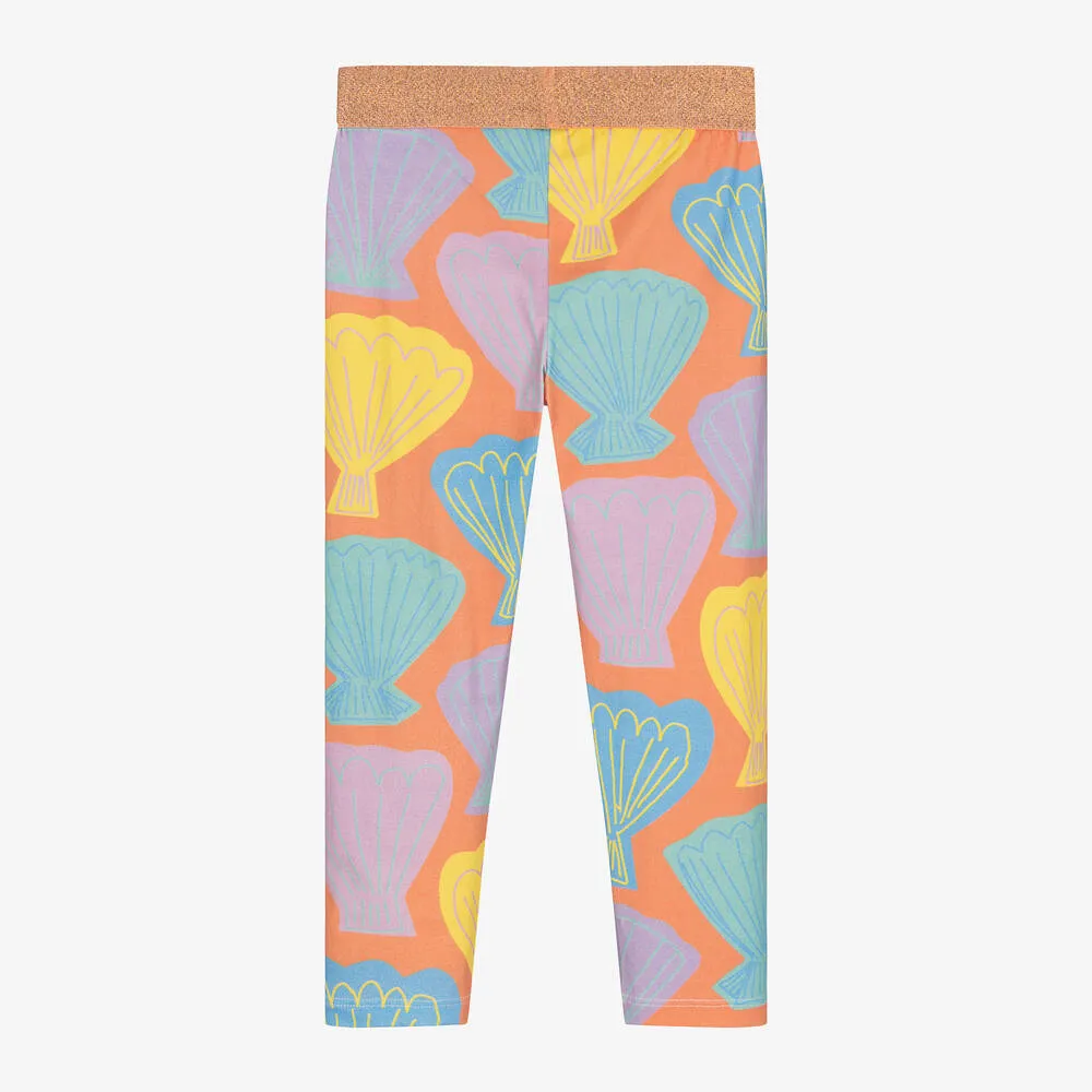 Girls Orange Shell Print Leggings