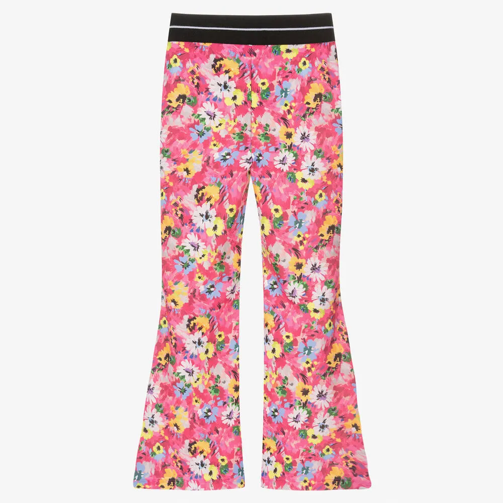 Girls Pink Floral Flared Leggings