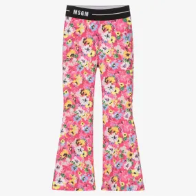 Girls Pink Floral Flared Leggings