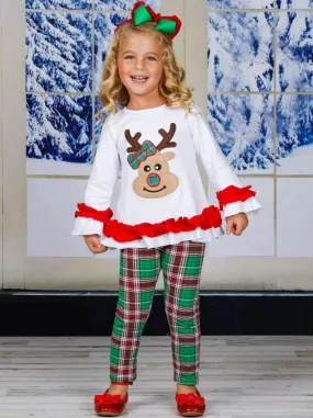 Girls Ruffled Rudolph Top and Plaid Legging Set