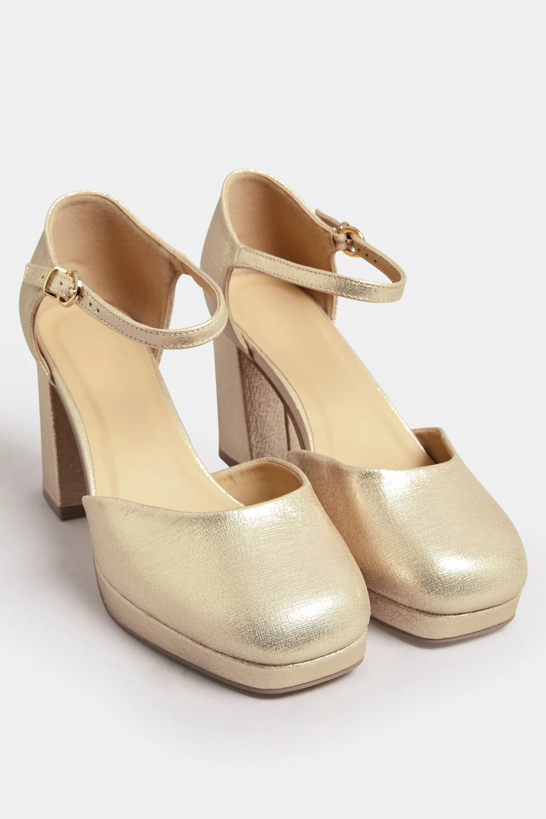 Gold Platform Block Heel Court Shoes In Extra Wide EEE Fit