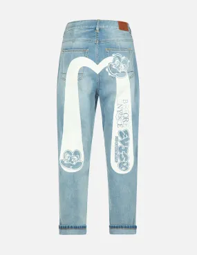 Graffiti Daruma Daicock Print Denim Taper Jeans