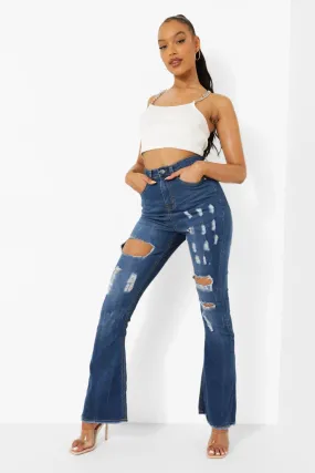 High Rise Ripped Stretch Flare Jeans