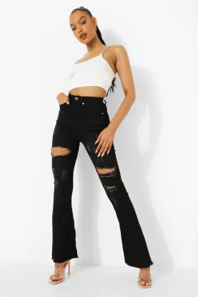 High Waisted Ripped Stretch Flare Jeans