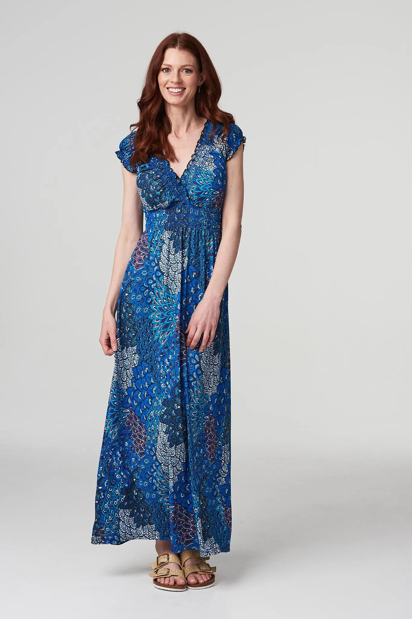 Izabel London - Peacock Print V-Neck Maxi Dress