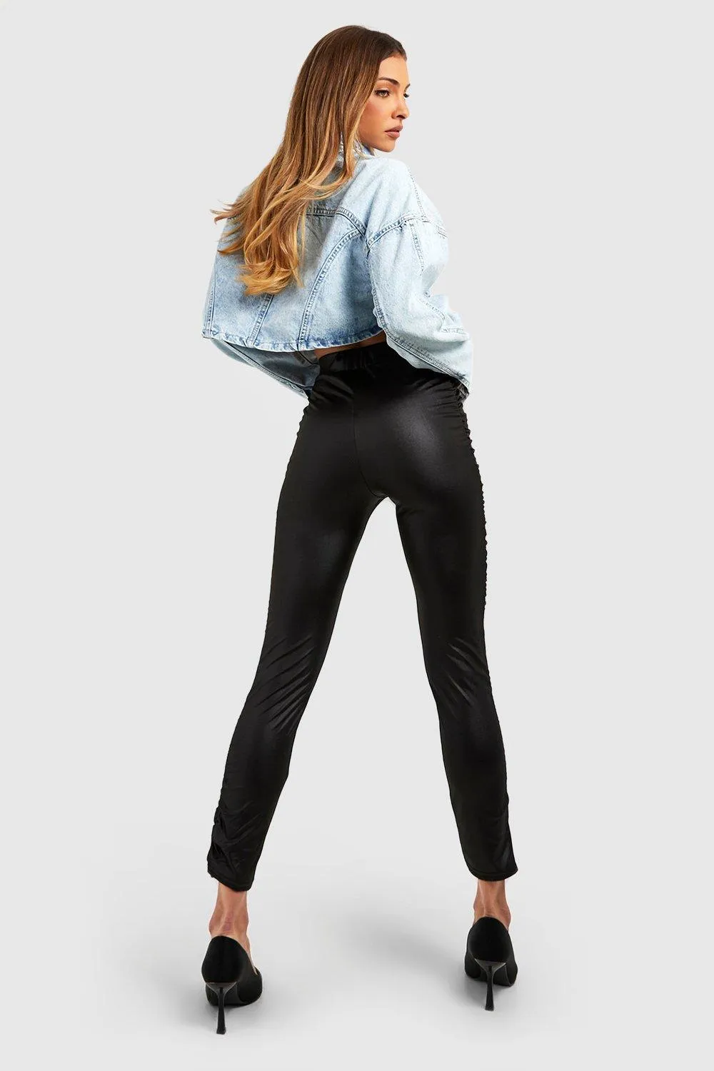 Leggings | Ruched Panel Wet Look Leggings | boohoo