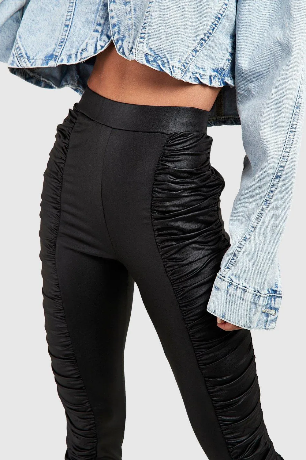 Leggings | Ruched Panel Wet Look Leggings | boohoo