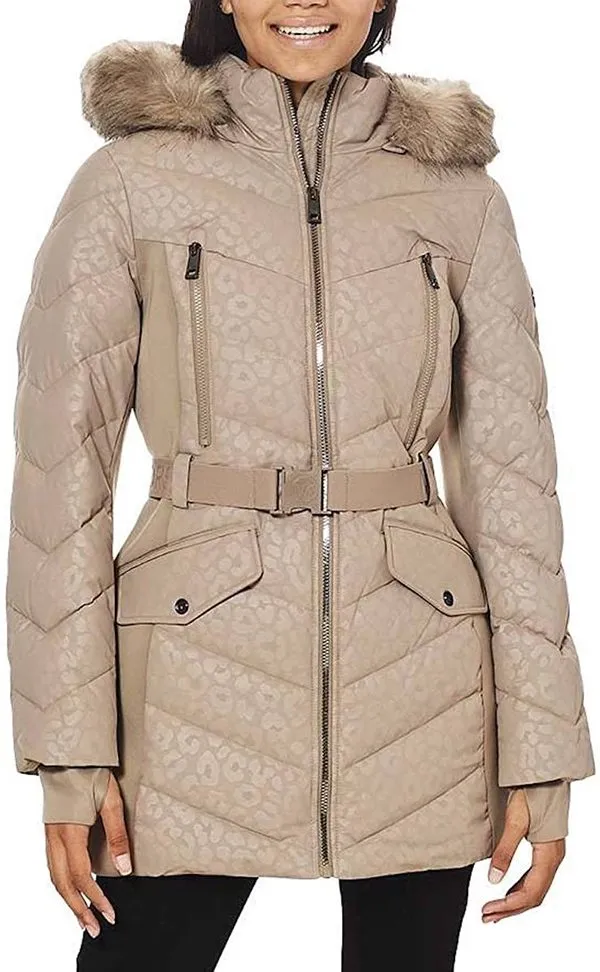 Logo Belted Hood Puffer Coat - Taupe Leopard