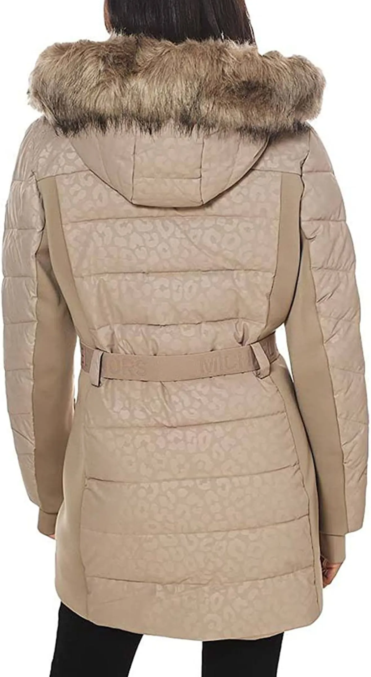 Logo Belted Hood Puffer Coat - Taupe Leopard