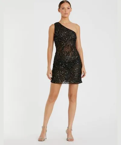 Mac Duggal One Shoulder Sheer Hand Beaded Mini Dress