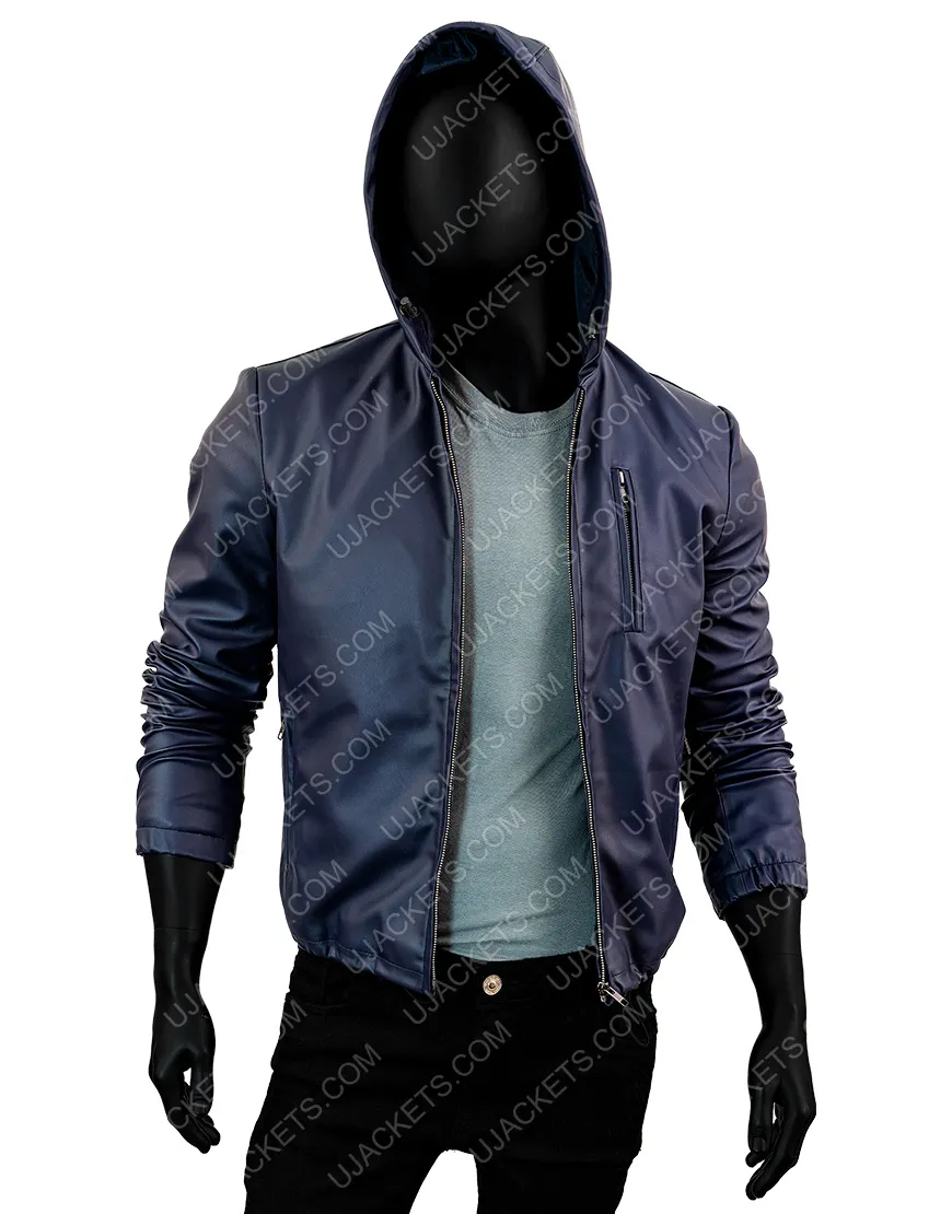 Men's Slimfit Blue Leather Jacket - Reversible Hooded Leather Jacket