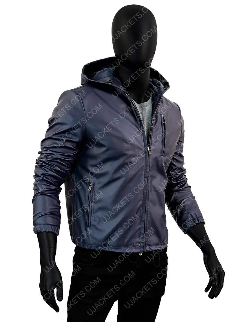 Men's Slimfit Blue Leather Jacket - Reversible Hooded Leather Jacket