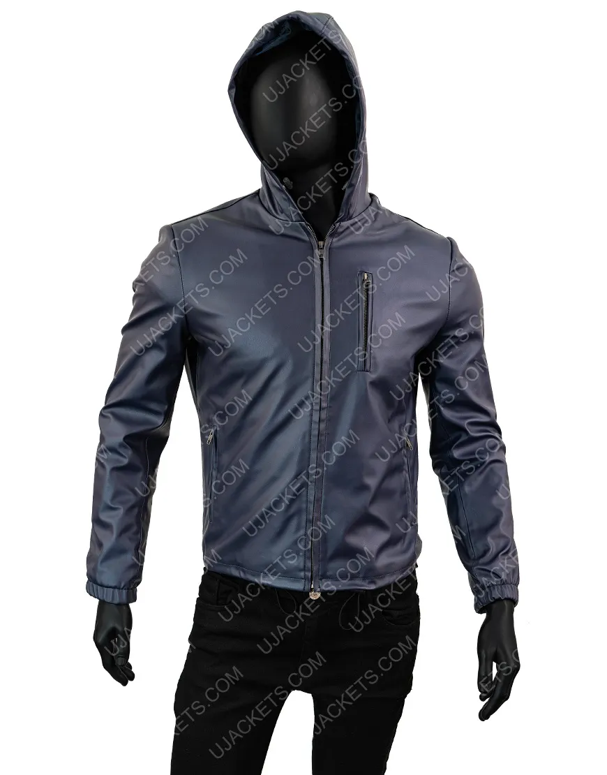 Men's Slimfit Blue Leather Jacket - Reversible Hooded Leather Jacket