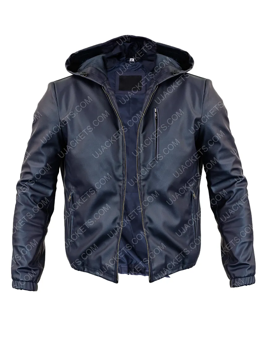 Men's Slimfit Blue Leather Jacket - Reversible Hooded Leather Jacket