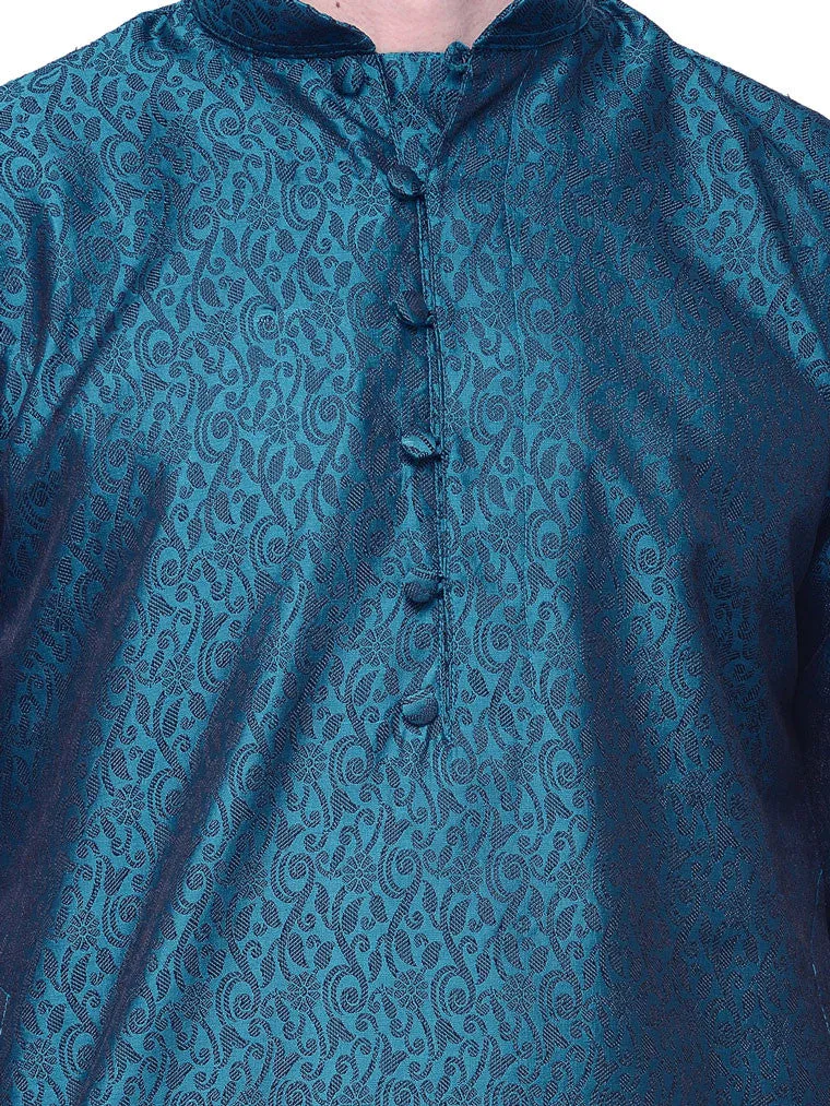 Mens Kurta Pajama Jacquard Silk Indian Party Wear (Blue)