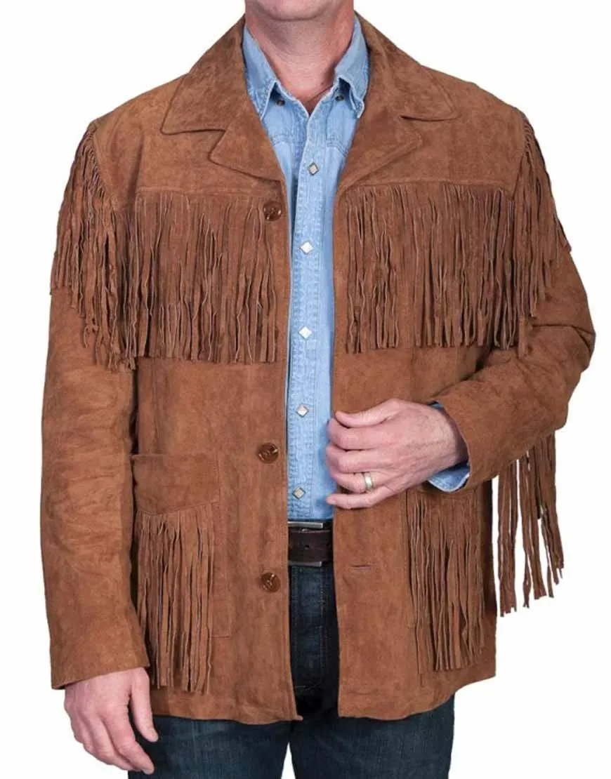 Mens Mid Length Western Brown Suede Fringe Jacket - UJackets