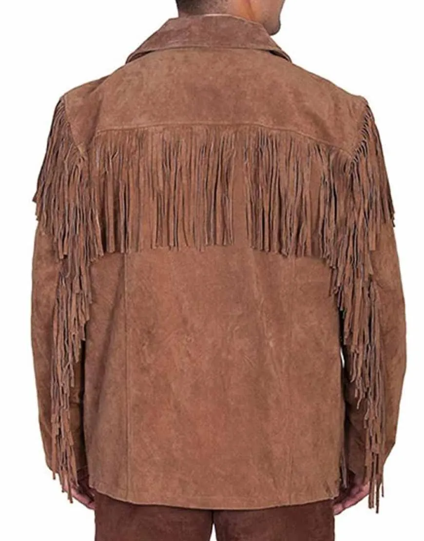 Mens Mid Length Western Brown Suede Fringe Jacket - UJackets