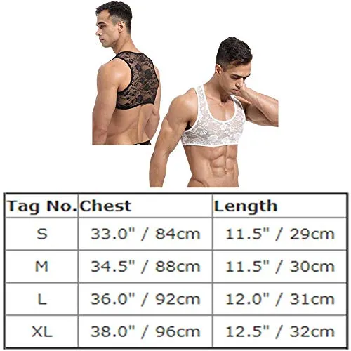 Men's Sissy Lace Floral Muscle Tank Top Round Neck Mesh Undershirt Semi Transparent Vest Singlet Gym Sports Half Top Black Large