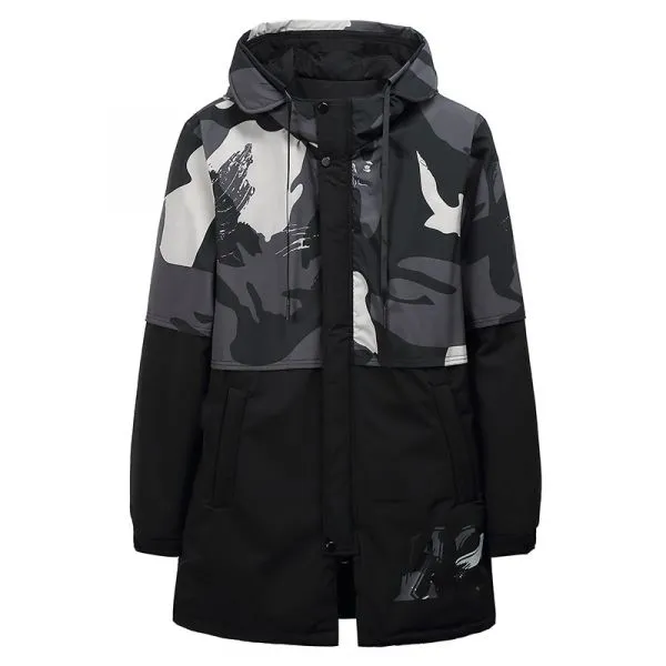 Men's black hooded winter coat with camouflage print