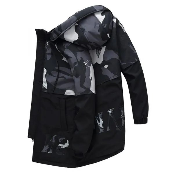 Men's black hooded winter coat with camouflage print