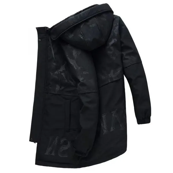 Men's black hooded winter coat with camouflage print