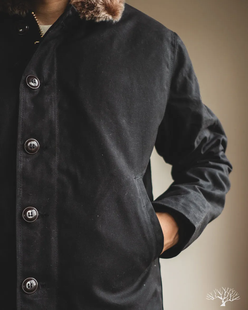 N-1 Deck Jacket - Black Waxed Canvas Kodiak Mouton