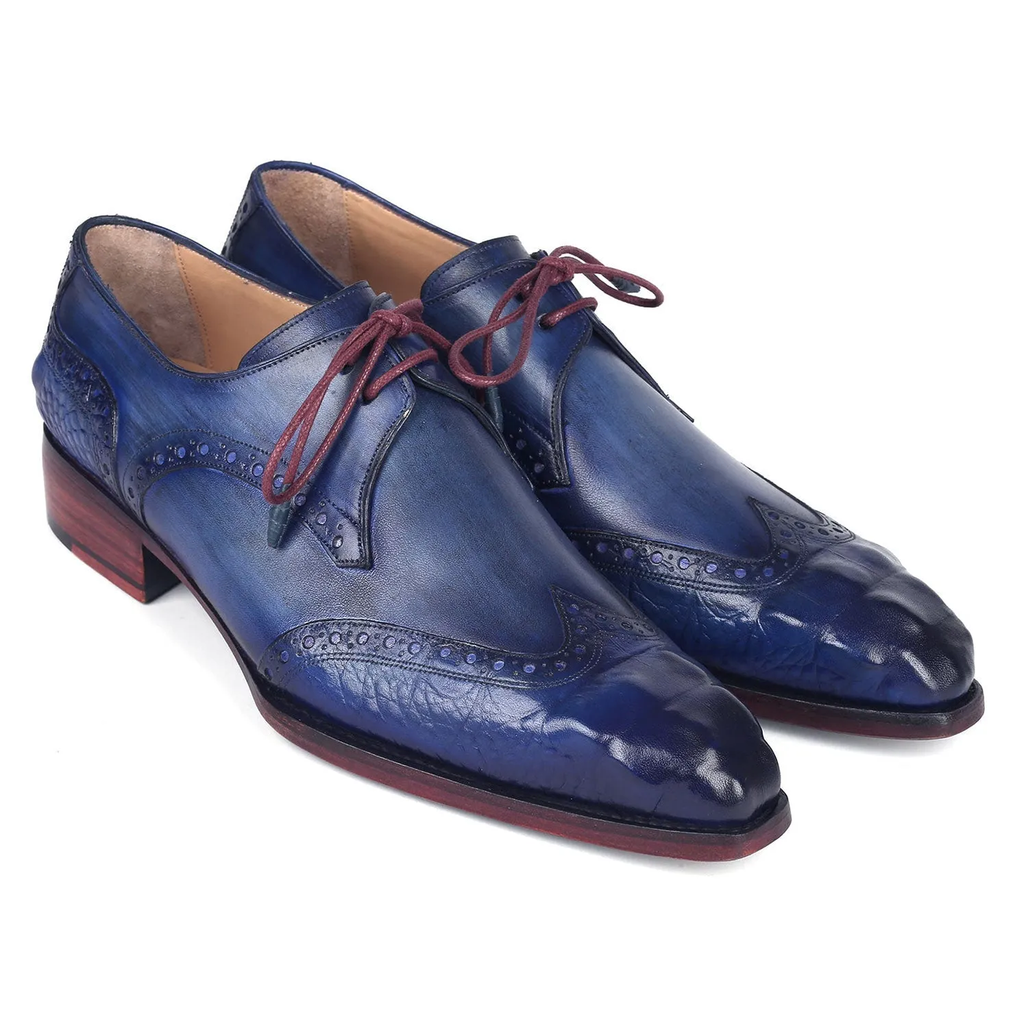 Paul Parkman 584-BLU Men's Shoes Blue Calf-Skin Leather Goodyear Welted Wingtip Derby Oxfords (PM6389)