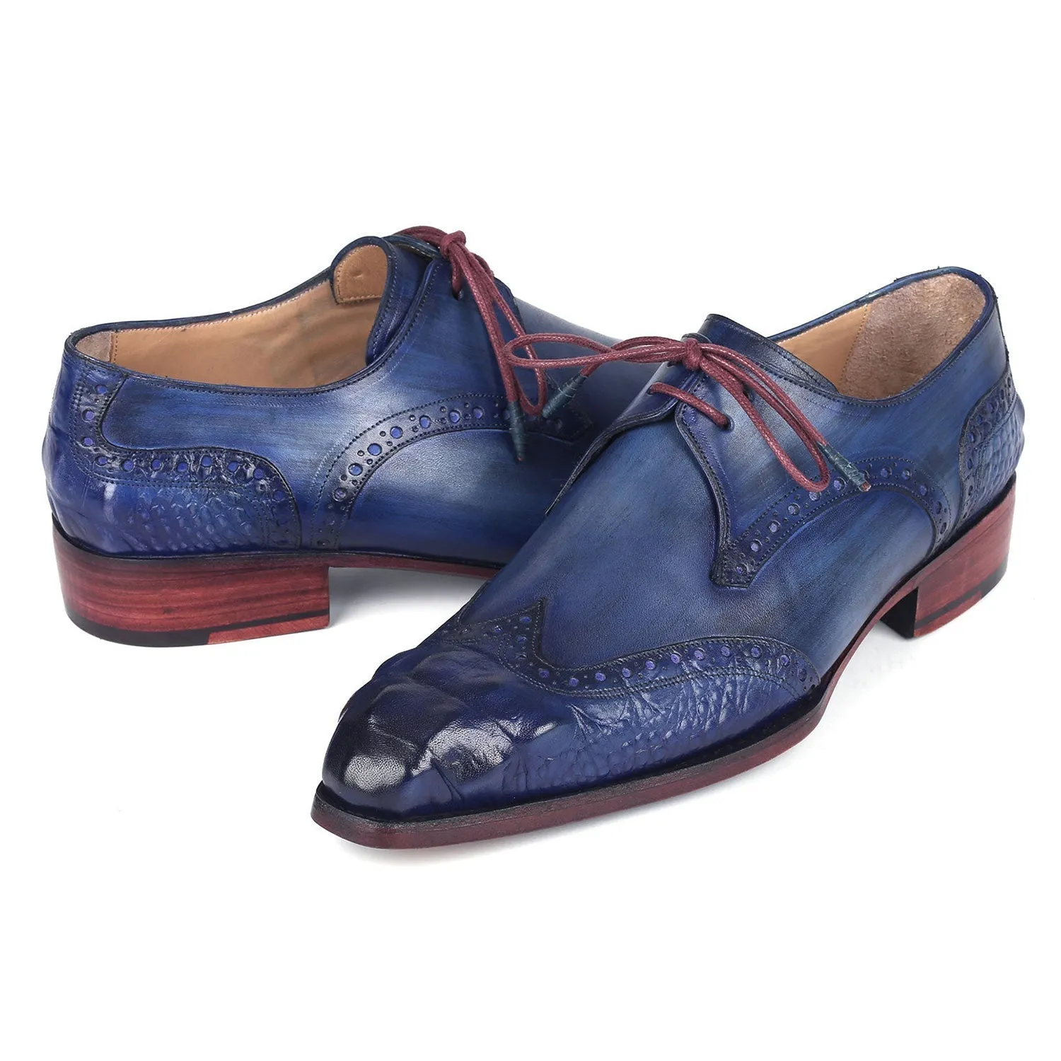 Paul Parkman 584-BLU Men's Shoes Blue Calf-Skin Leather Goodyear Welted Wingtip Derby Oxfords (PM6389)