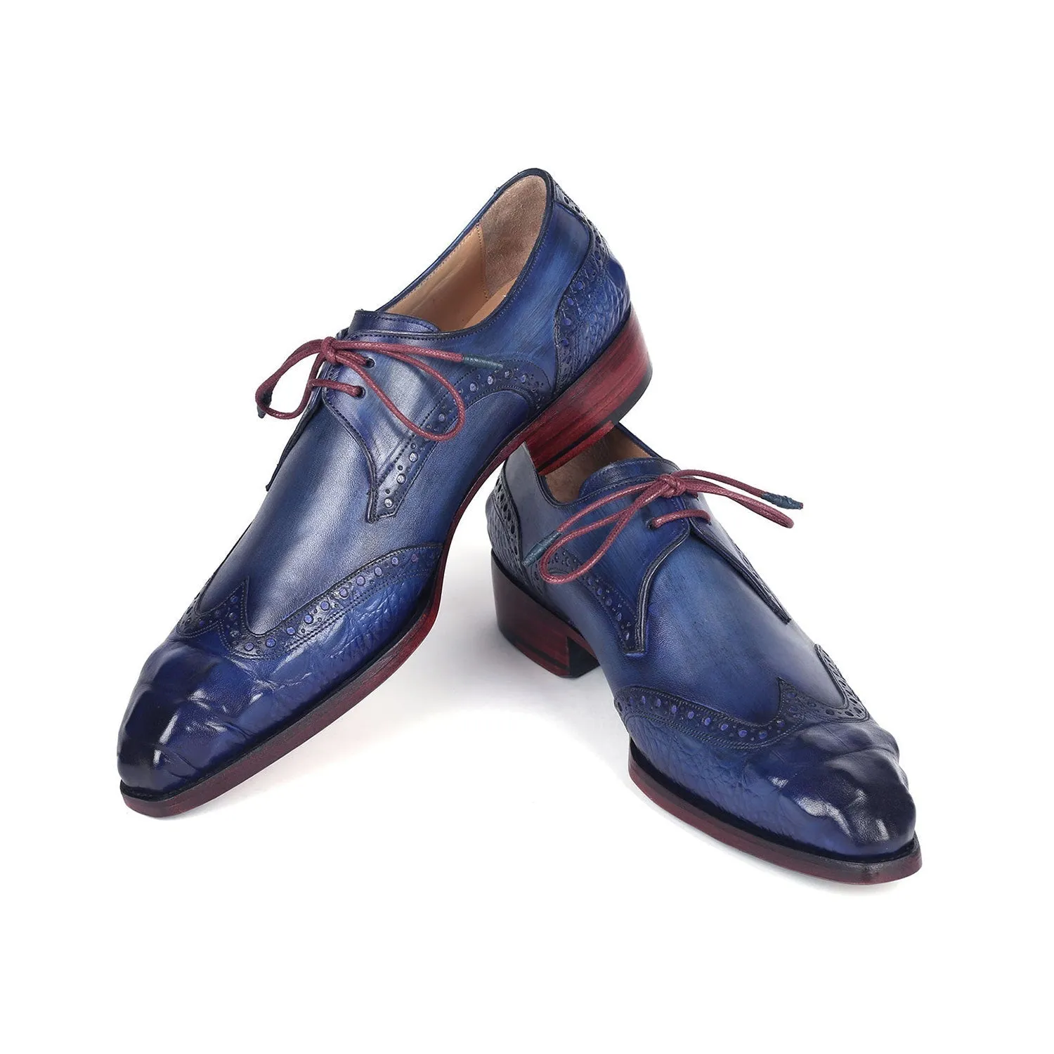 Paul Parkman 584-BLU Men's Shoes Blue Calf-Skin Leather Goodyear Welted Wingtip Derby Oxfords (PM6389)