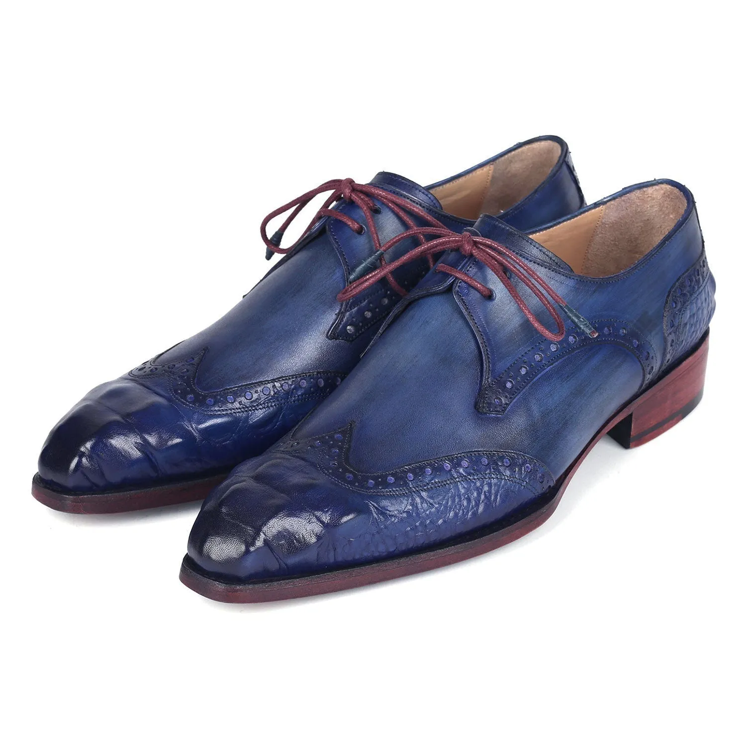 Paul Parkman 584-BLU Men's Shoes Blue Calf-Skin Leather Goodyear Welted Wingtip Derby Oxfords (PM6389)