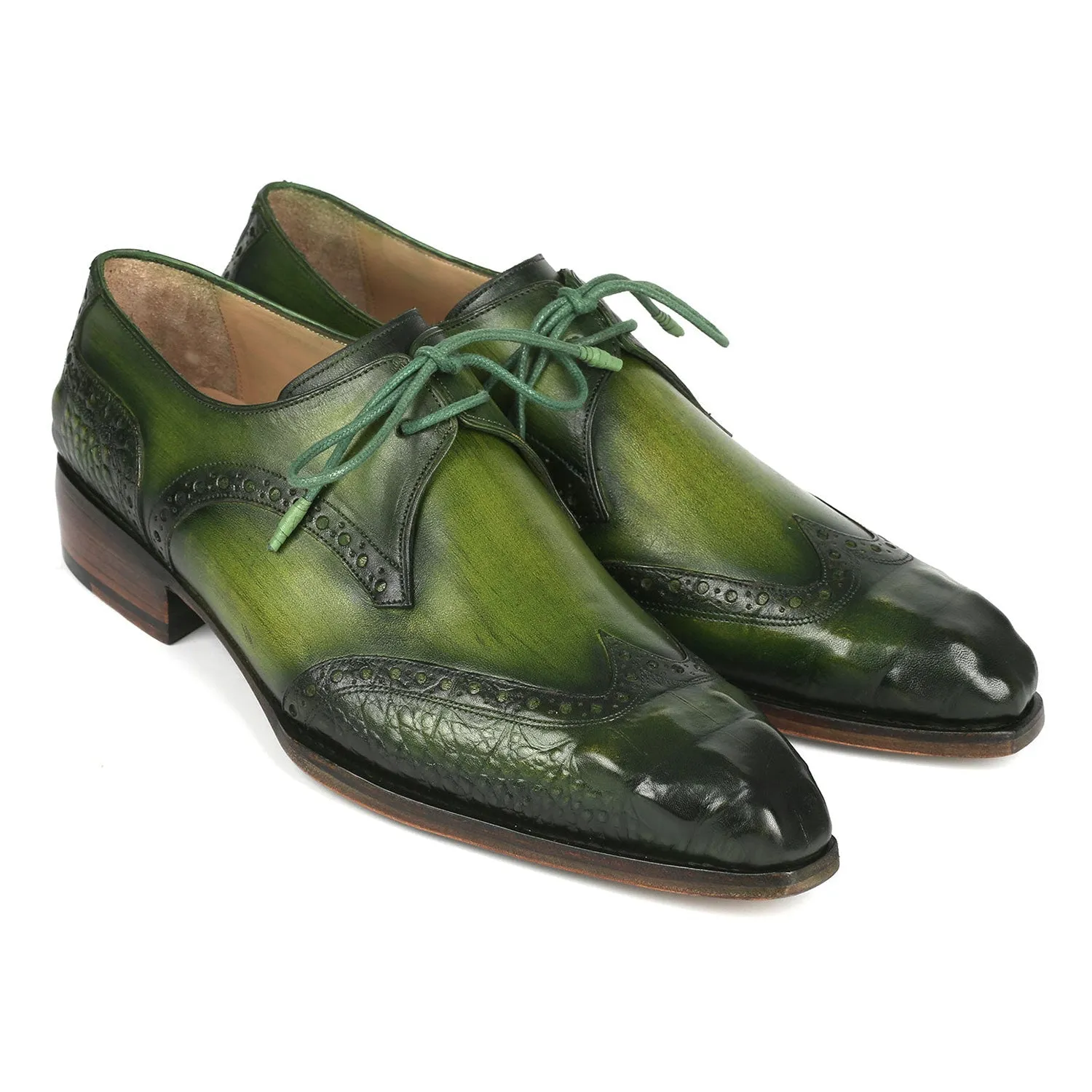 Paul Parkman 584-GRN Men's Shoes Green Crocodile Print / Calf-Skin Leather Wingtip Derby Oxfords (PM6388)