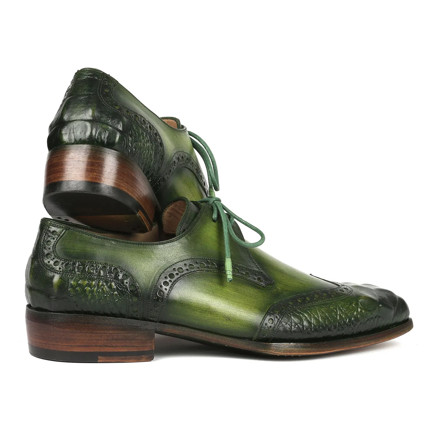 Paul Parkman 584-GRN Men's Shoes Green Crocodile Print / Calf-Skin Leather Wingtip Derby Oxfords (PM6388)