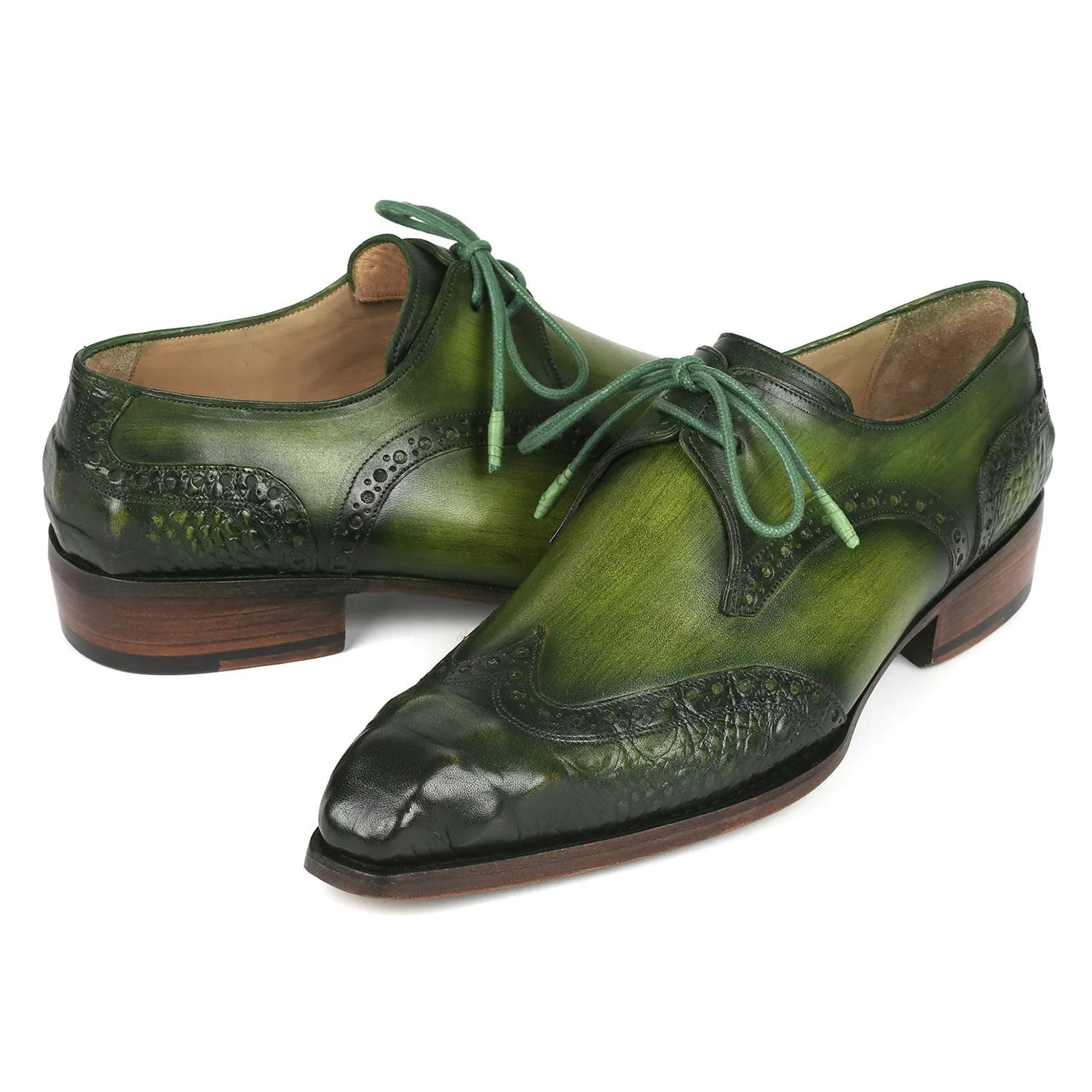 Paul Parkman 584-GRN Men's Shoes Green Crocodile Print / Calf-Skin Leather Wingtip Derby Oxfords (PM6388)