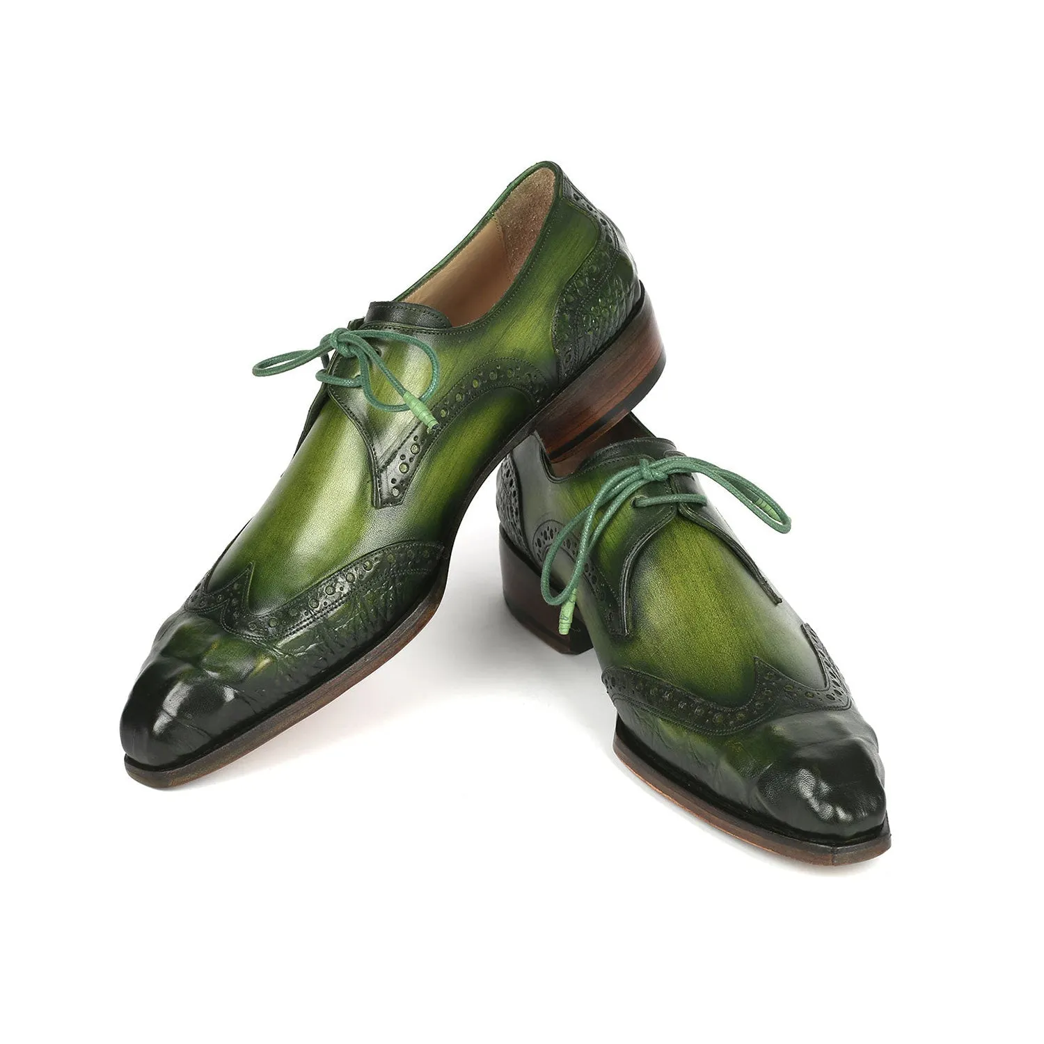 Paul Parkman 584-GRN Men's Shoes Green Crocodile Print / Calf-Skin Leather Wingtip Derby Oxfords (PM6388)