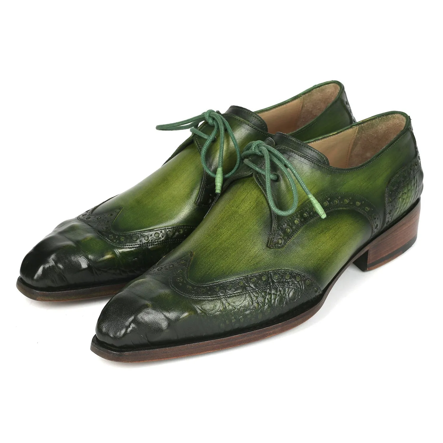 Paul Parkman 584-GRN Men's Shoes Green Crocodile Print / Calf-Skin Leather Wingtip Derby Oxfords (PM6388)