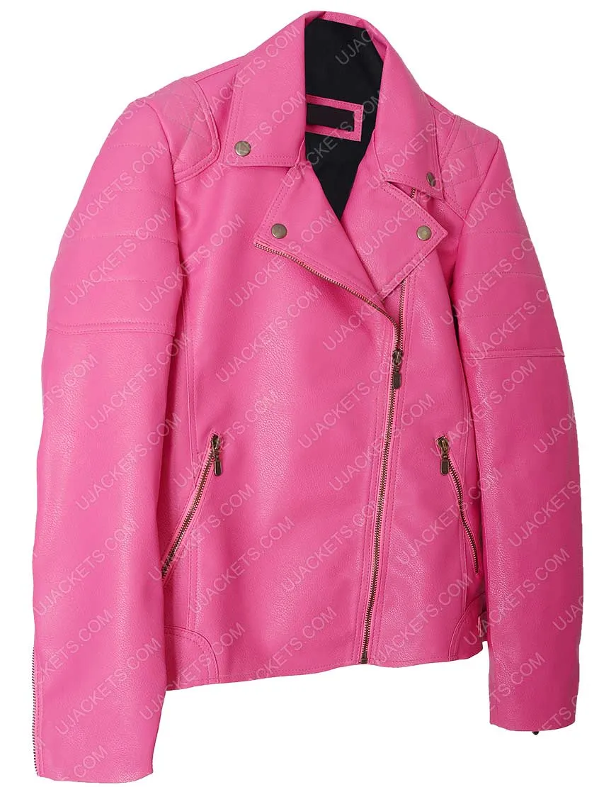 Pink Zip Faux Leather Quilted Jacket - Women Jacket