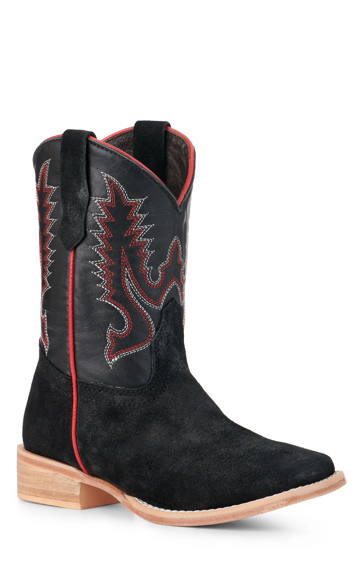 R. Watson Kids' Black Suede and Black Wide Square Toe Cowboy Boots