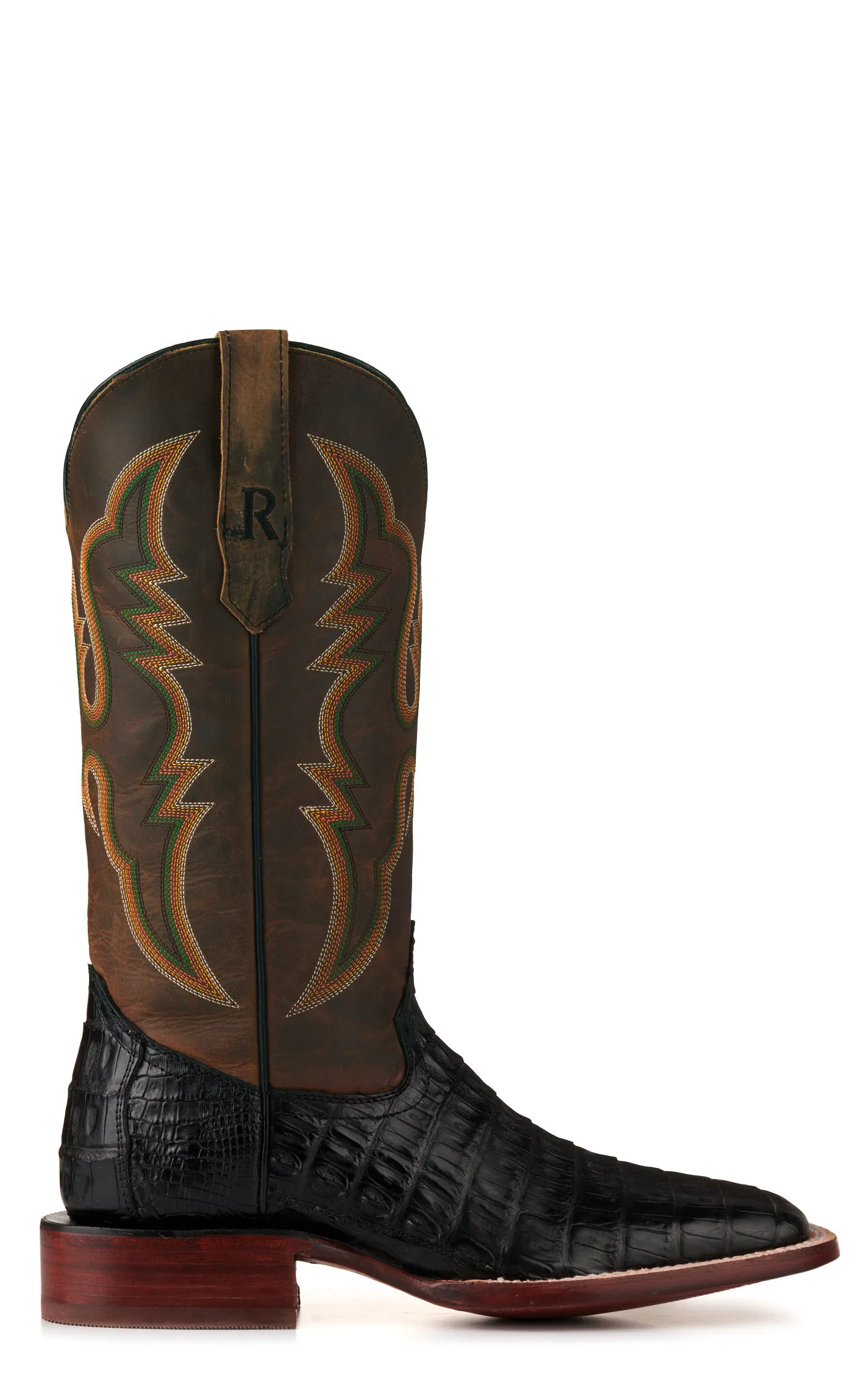 R. Watson Men's Black Caiman Tail and Tan Wide Square Toe Exotic Cowboy Boots