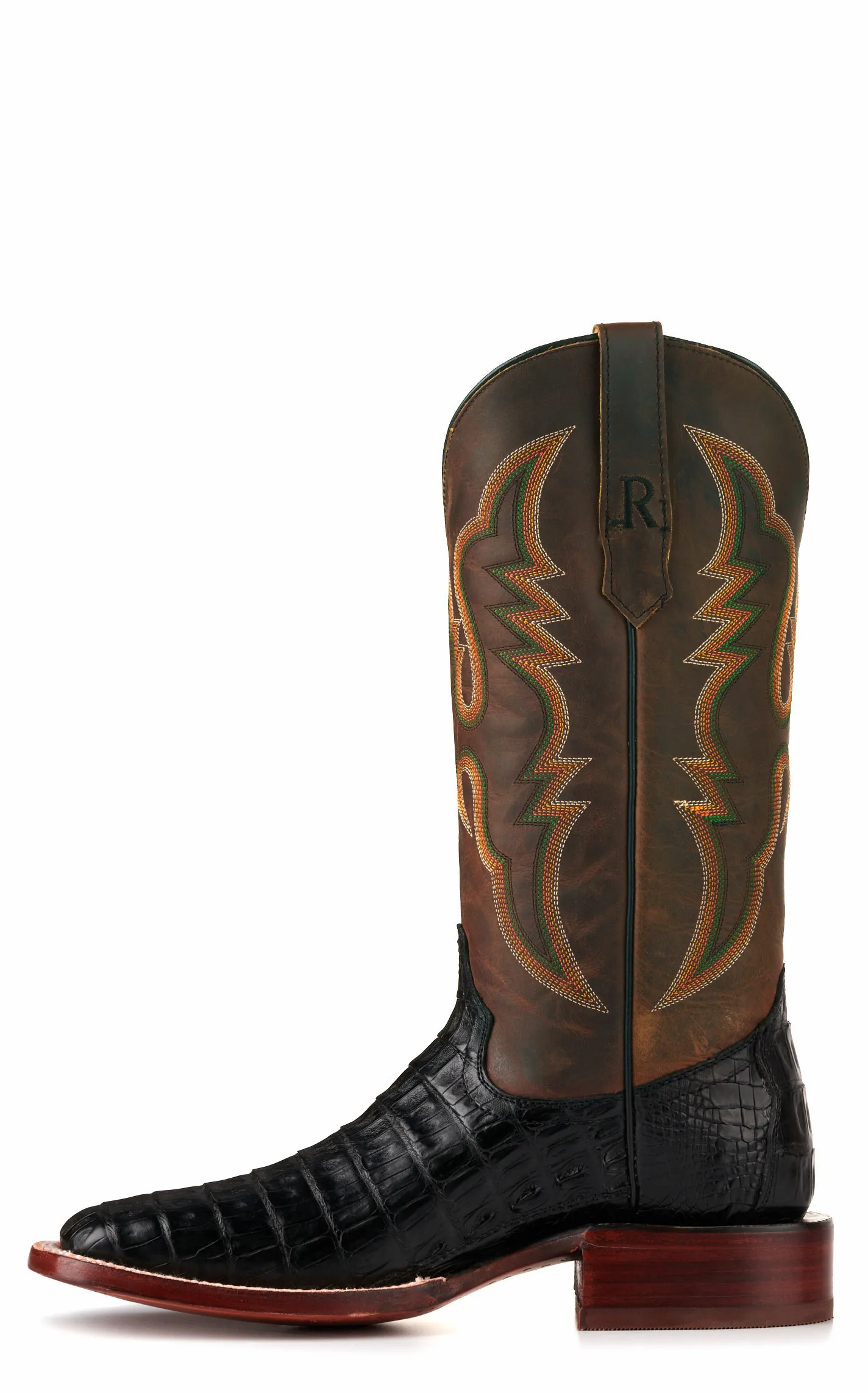 R. Watson Men's Black Caiman Tail and Tan Wide Square Toe Exotic Cowboy Boots