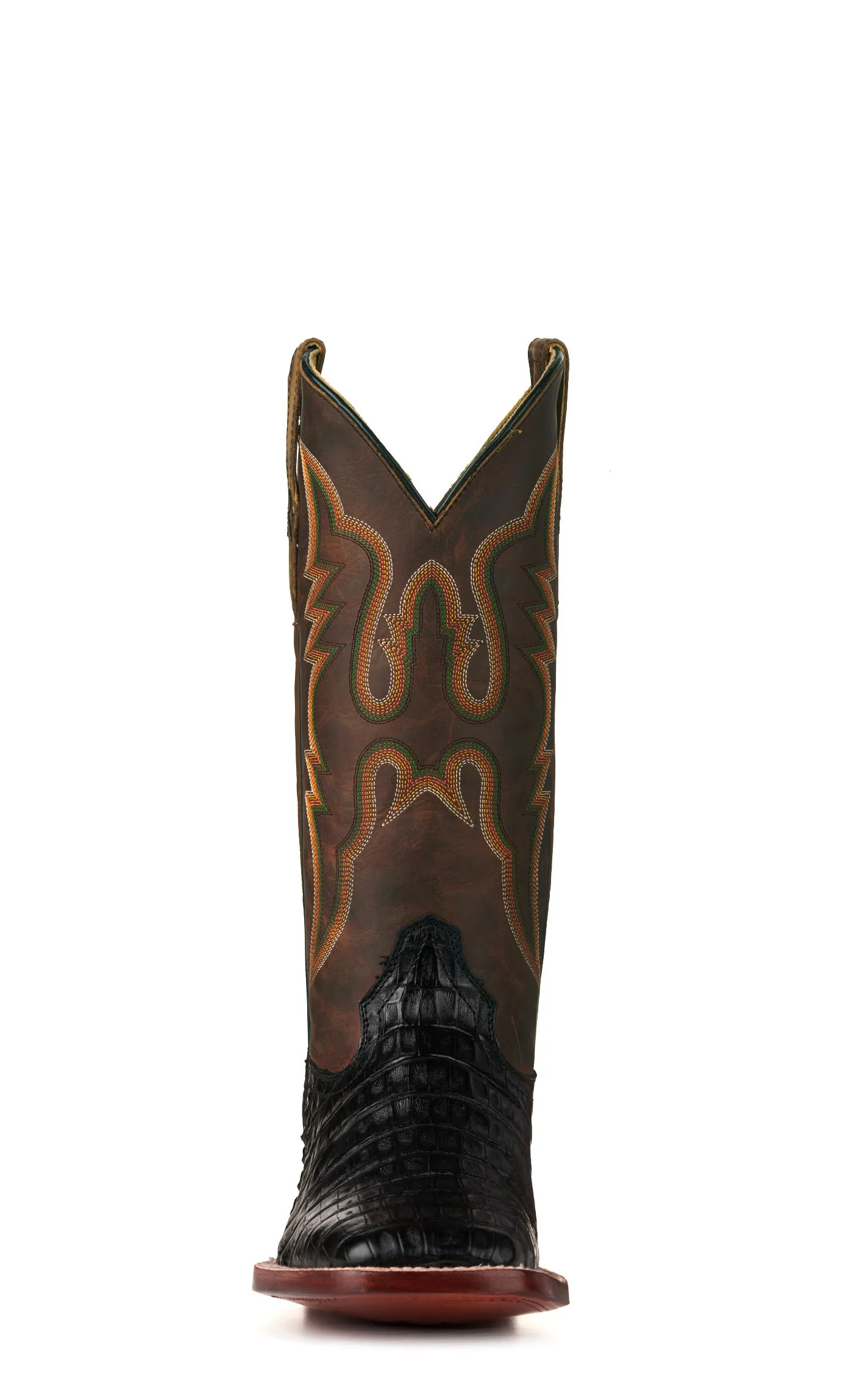 R. Watson Men's Black Caiman Tail and Tan Wide Square Toe Exotic Cowboy Boots