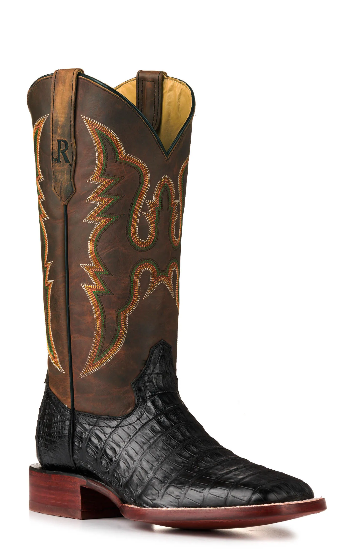 R. Watson Men's Black Caiman Tail and Tan Wide Square Toe Exotic Cowboy Boots