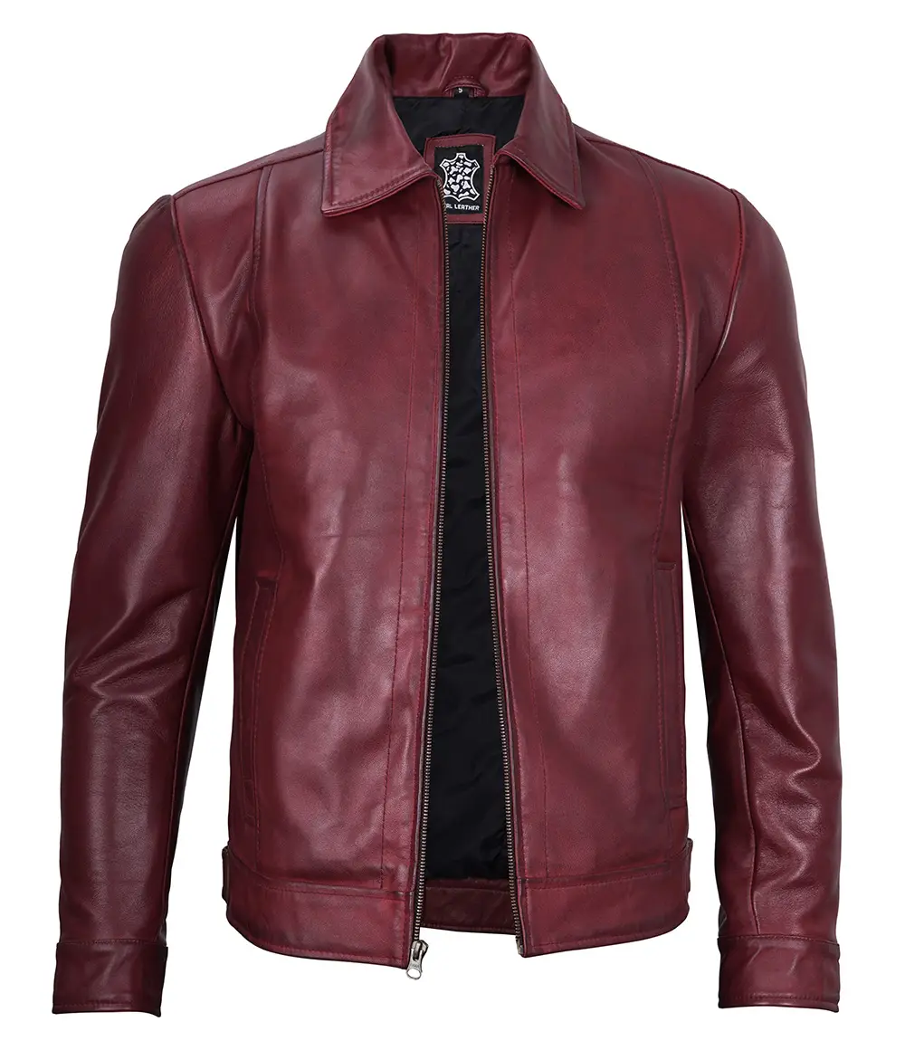 Reeves Men's Harrington Real Maroon Leather Jacket