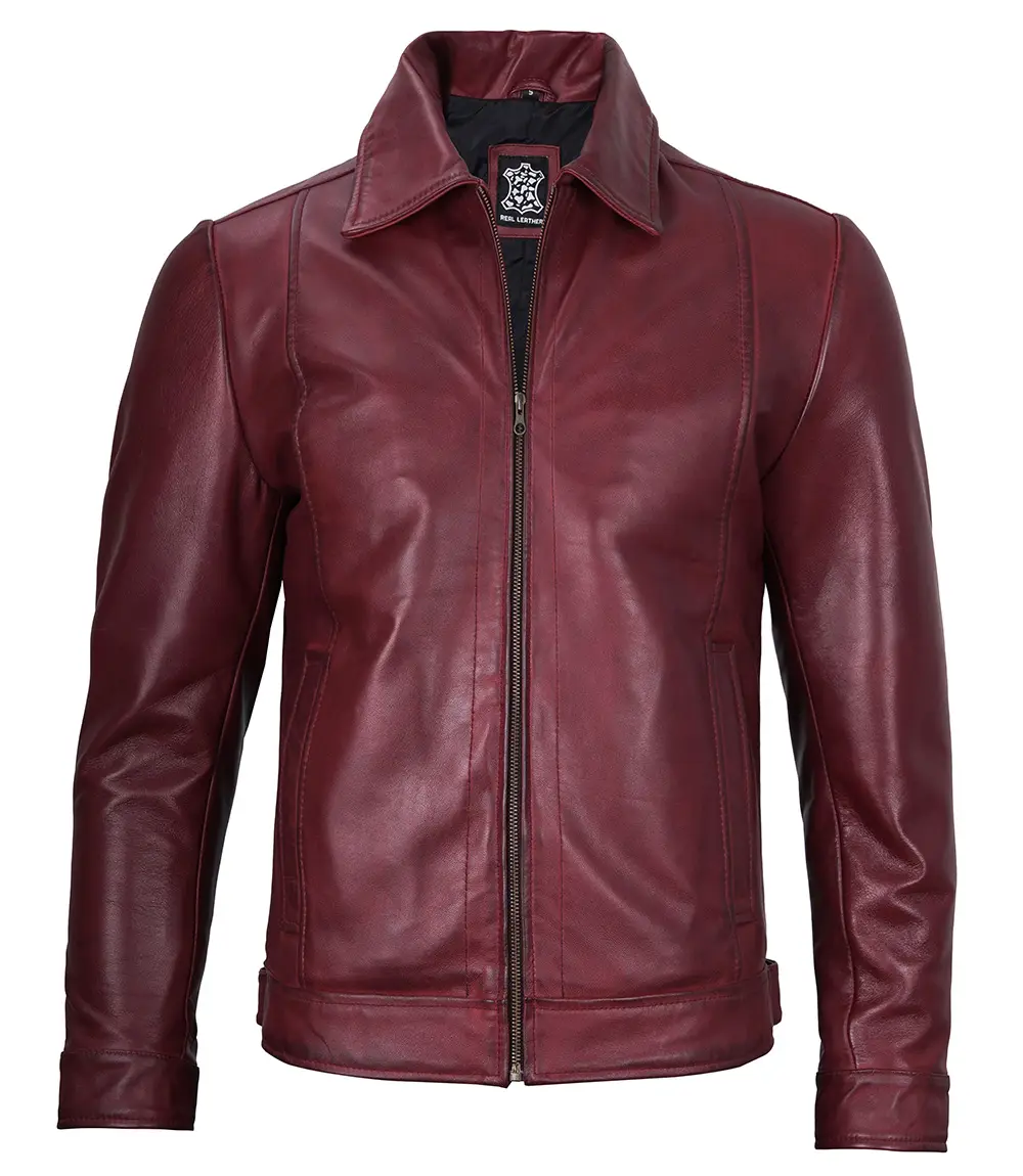 Reeves Men's Harrington Real Maroon Leather Jacket