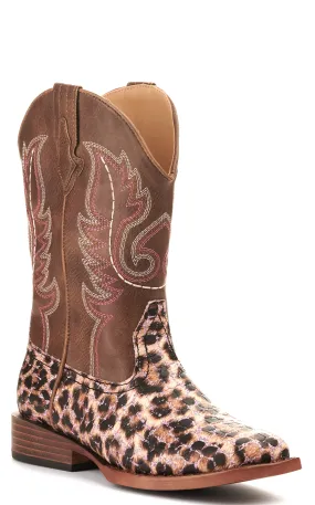 Roper Girl's Brown and Leopard with Pink Glitter Wide Square Toe Cowboy Boot