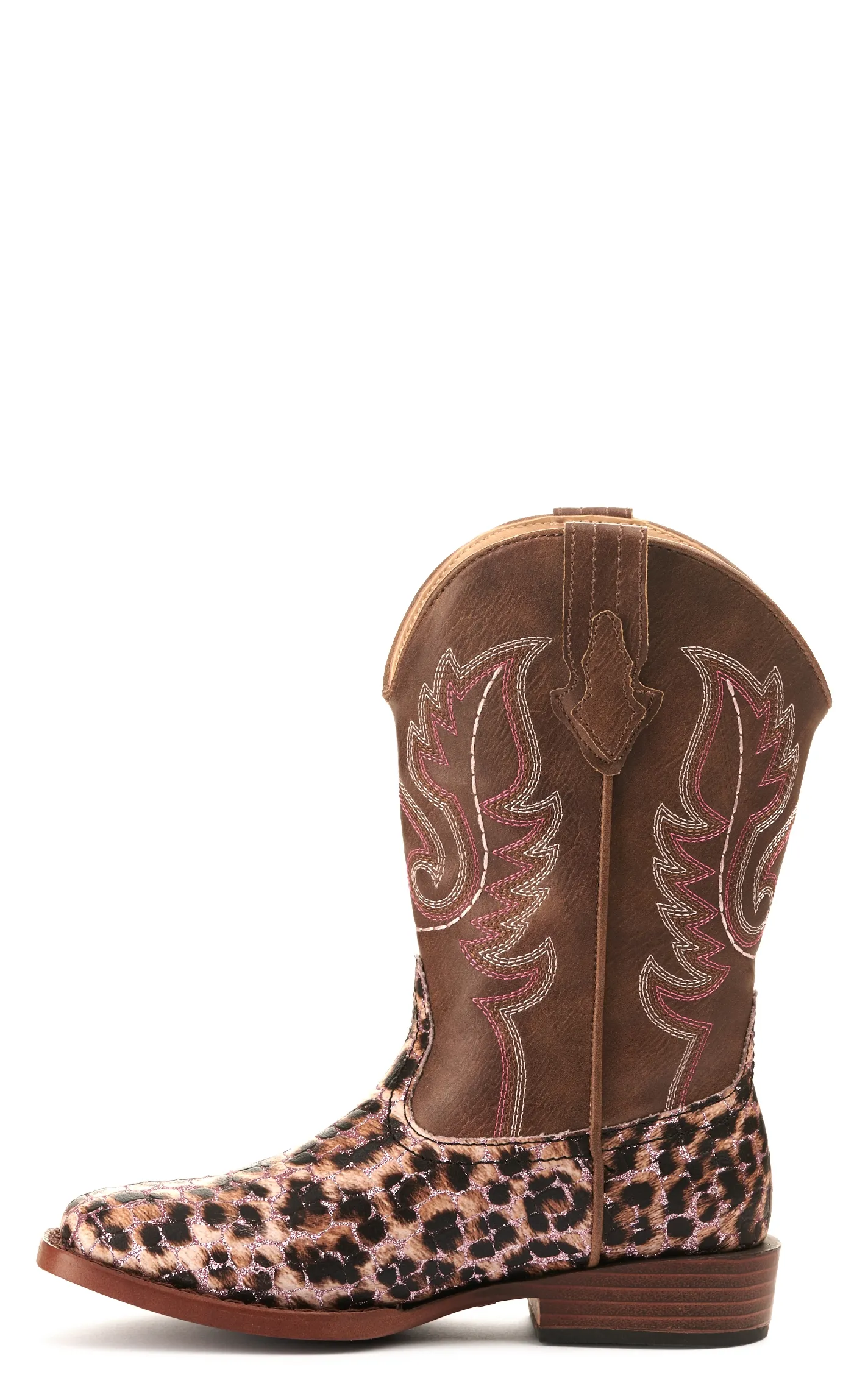 Roper Girl's Brown and Leopard with Pink Glitter Wide Square Toe Cowboy Boot