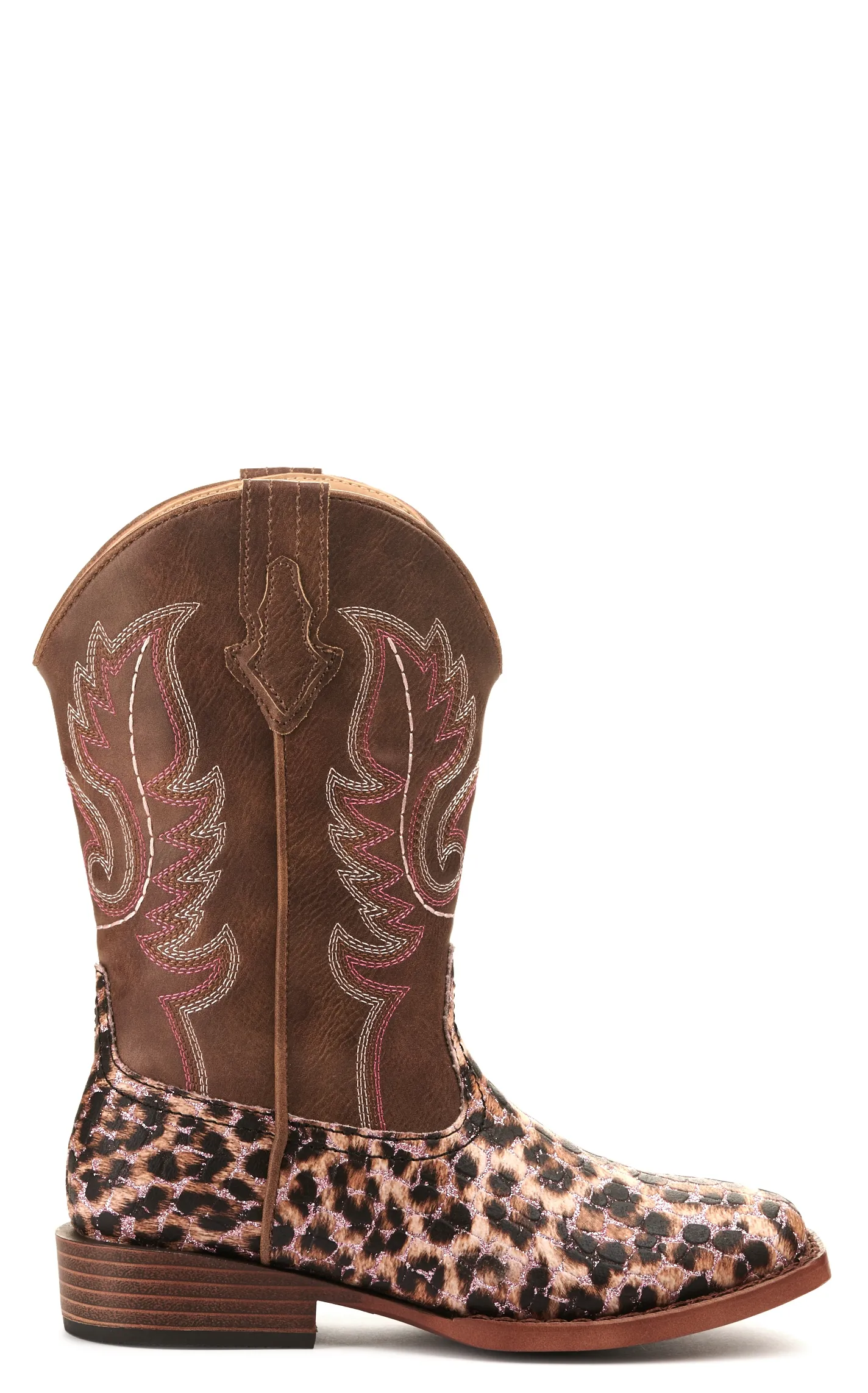 Roper Girl's Brown and Leopard with Pink Glitter Wide Square Toe Cowboy Boot