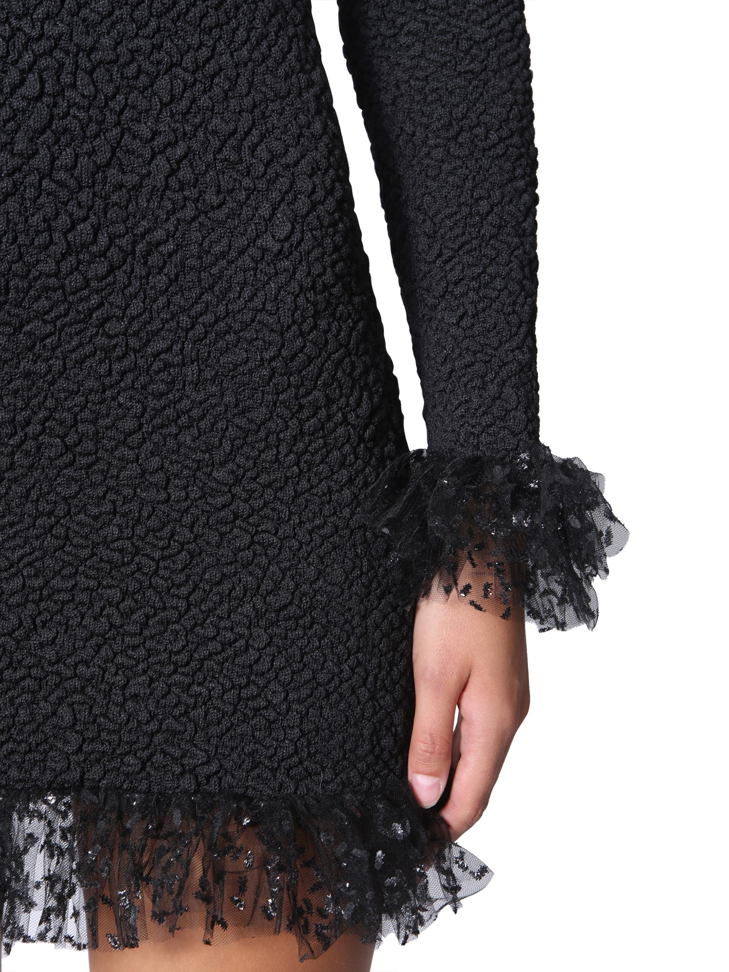 SAINT LAURENT    SMOCKED KNIT DRESS IN SILK AND TULLE